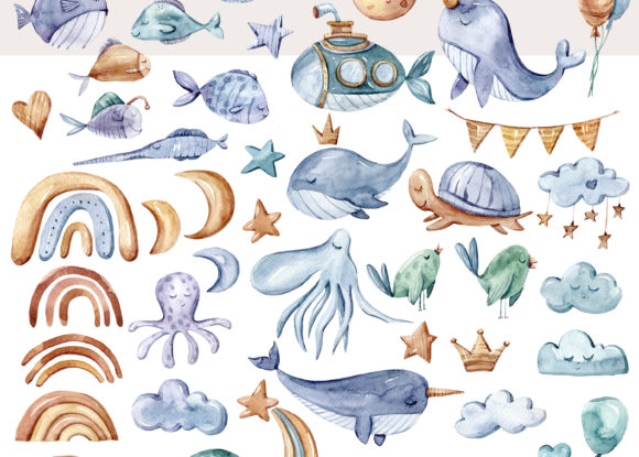 Download Watercolor Ocean Nursery Clipart Bundle - Ocean nursery clipart Collection